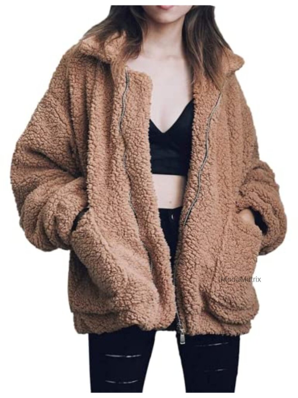 Women's Faux Fur Fleece Oversized Coat Long Sleeve Lapel Zip Winter Jacket